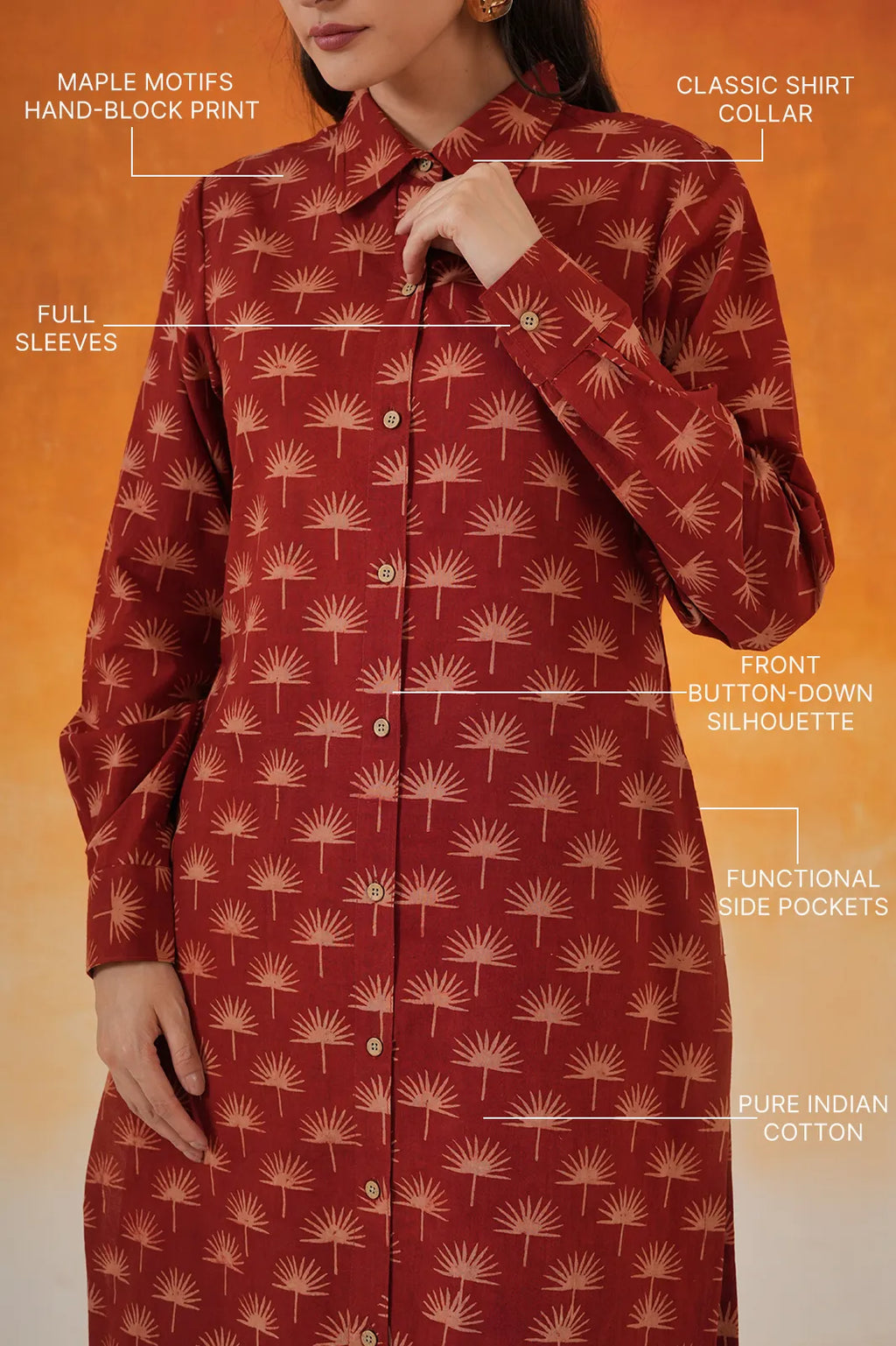 Maple Shirt Style Ajrakh Cotton Kurta - Madder Red