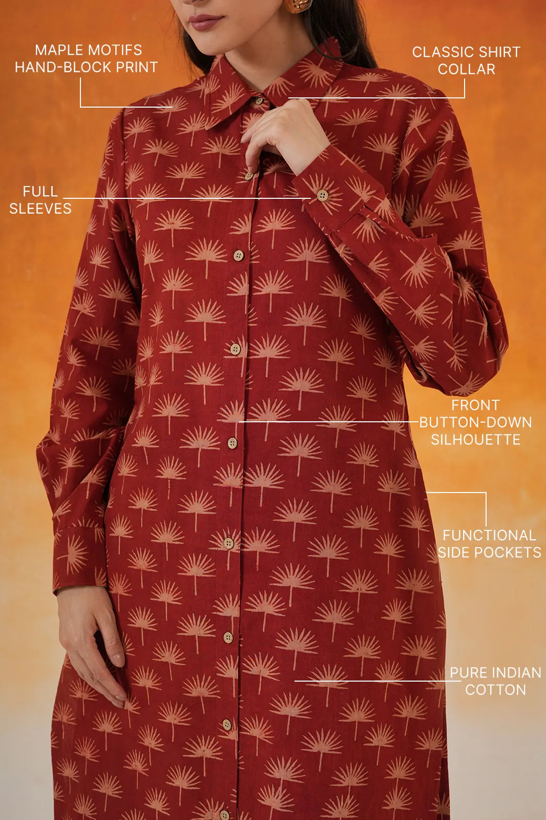 Maple Shirt Style Ajrakh Cotton Kurta - Madder Red