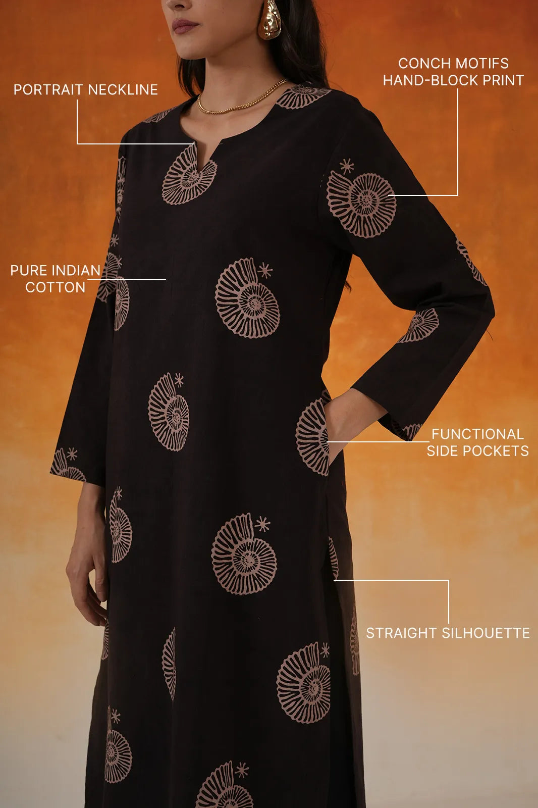 Conch straight Ajrakh cotton kurta set in black - World of Toji
