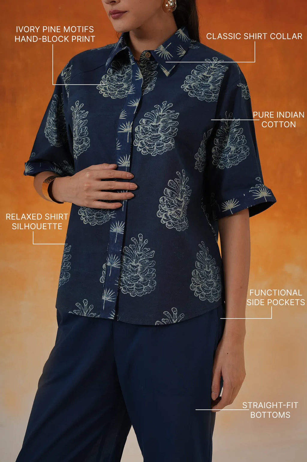 Pine shirt-style Ajrakh cotton co-ord set indigo