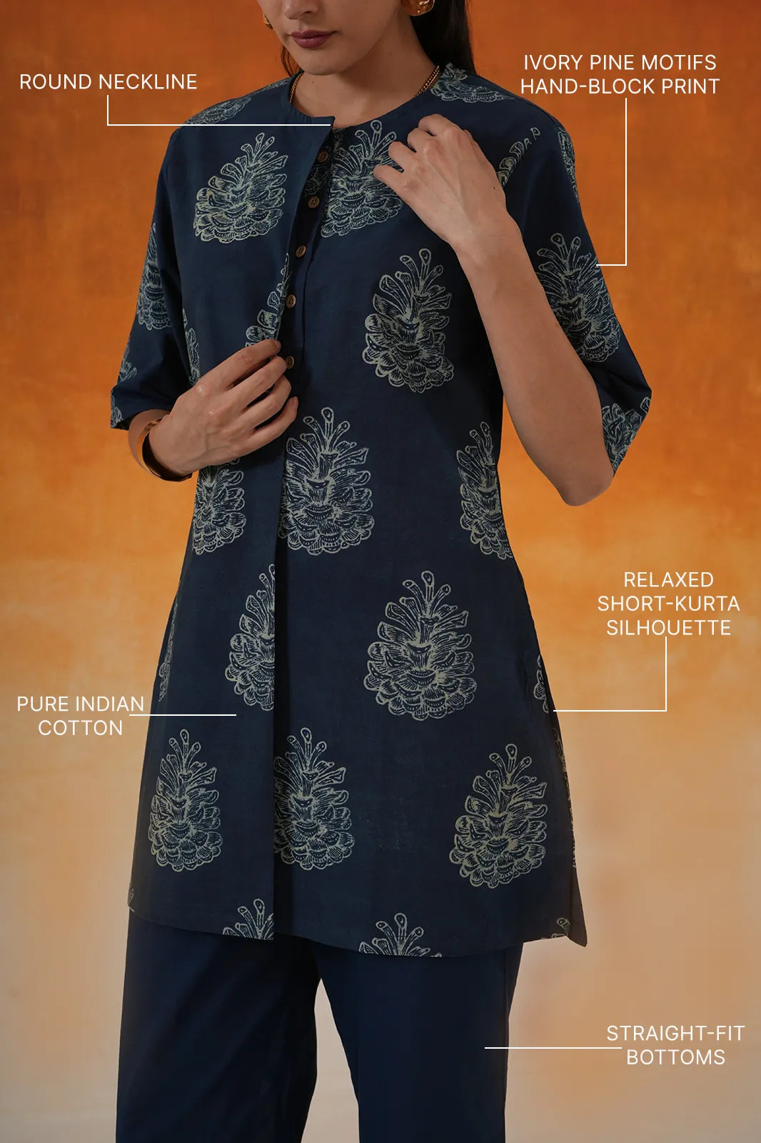 Pine Ajrakh Cotton Short Kurta - Indigo
