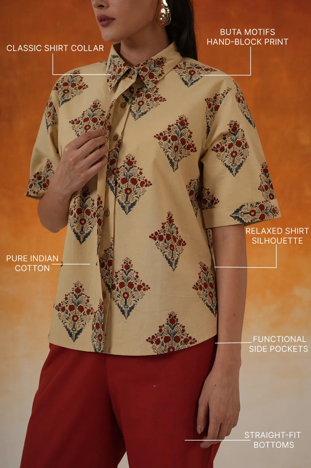 Buta Ajrakh cotton shirt in ivory- World of Toji