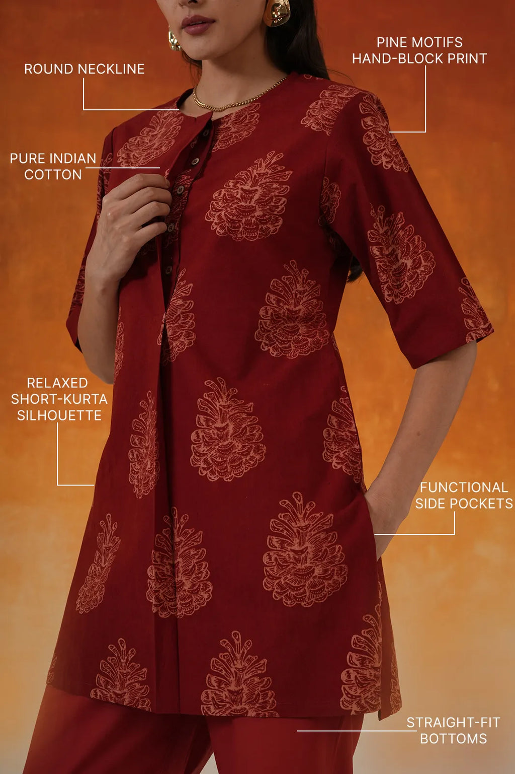 Pine Ajrakh cotton co-ord set in madder red