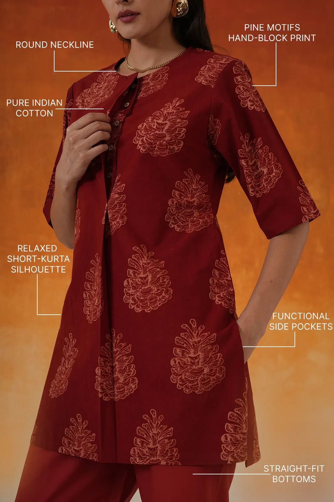 Pine Ajrakh cotton co-ord set in madder red - World of Toji
