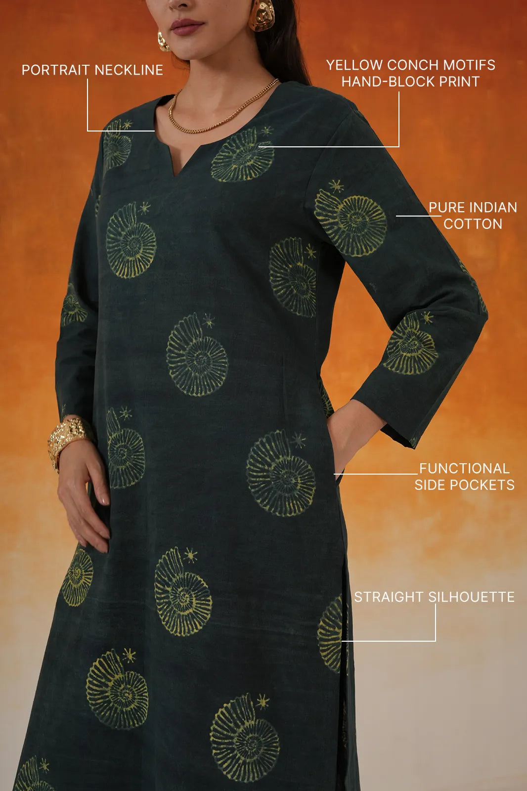 Conch straight Ajrakh cotton kurta set in bottle green - World of Toji