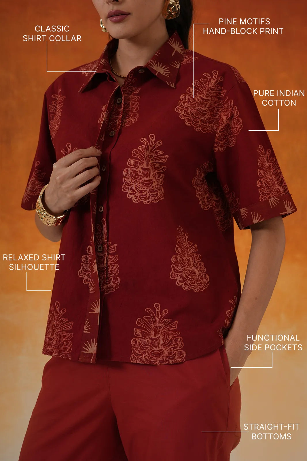 Madder red Pine Ajrakh cotton shirt co-ord set - World of Toji