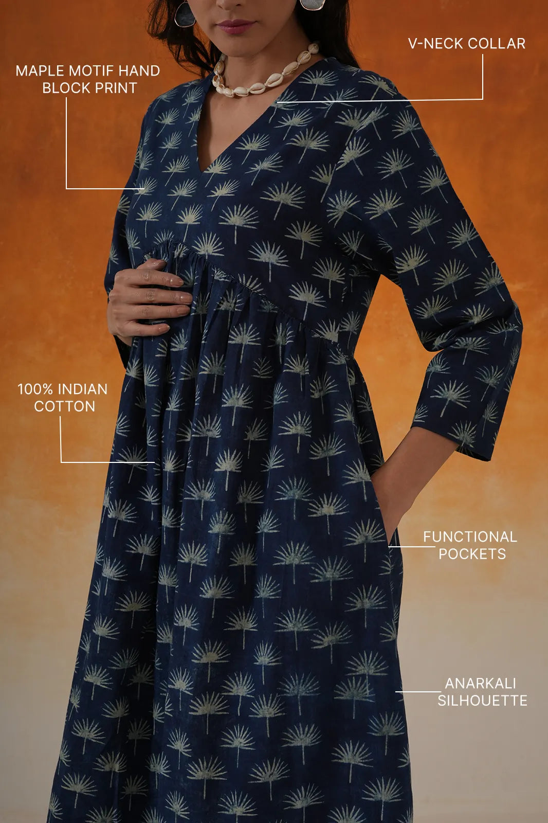 Maple Anarkali Ajrakh Block Print Cotton Kurta Indigo - World of Toji