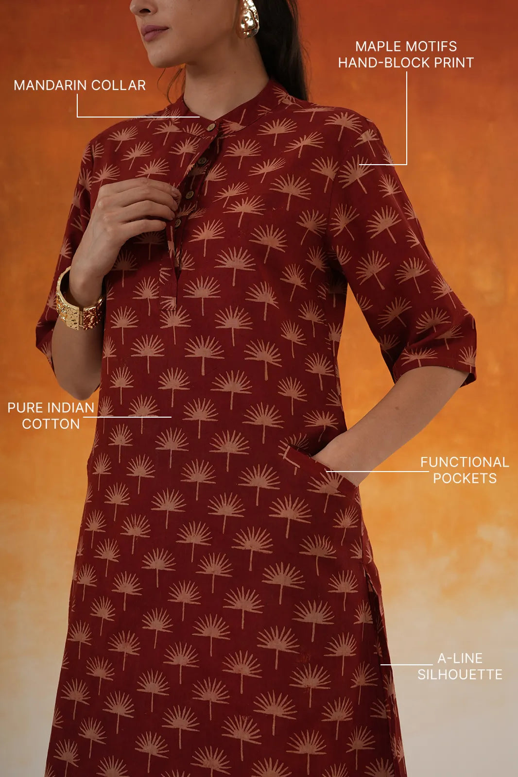 Maple A-line Ajrakh cotton kurta set in madder red - World of toji