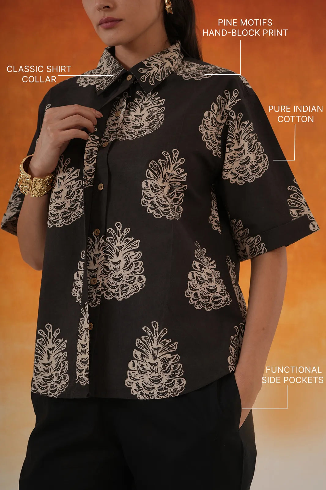 Black Pine Ajrakh cotton shirt co-ord set for women - World of toji