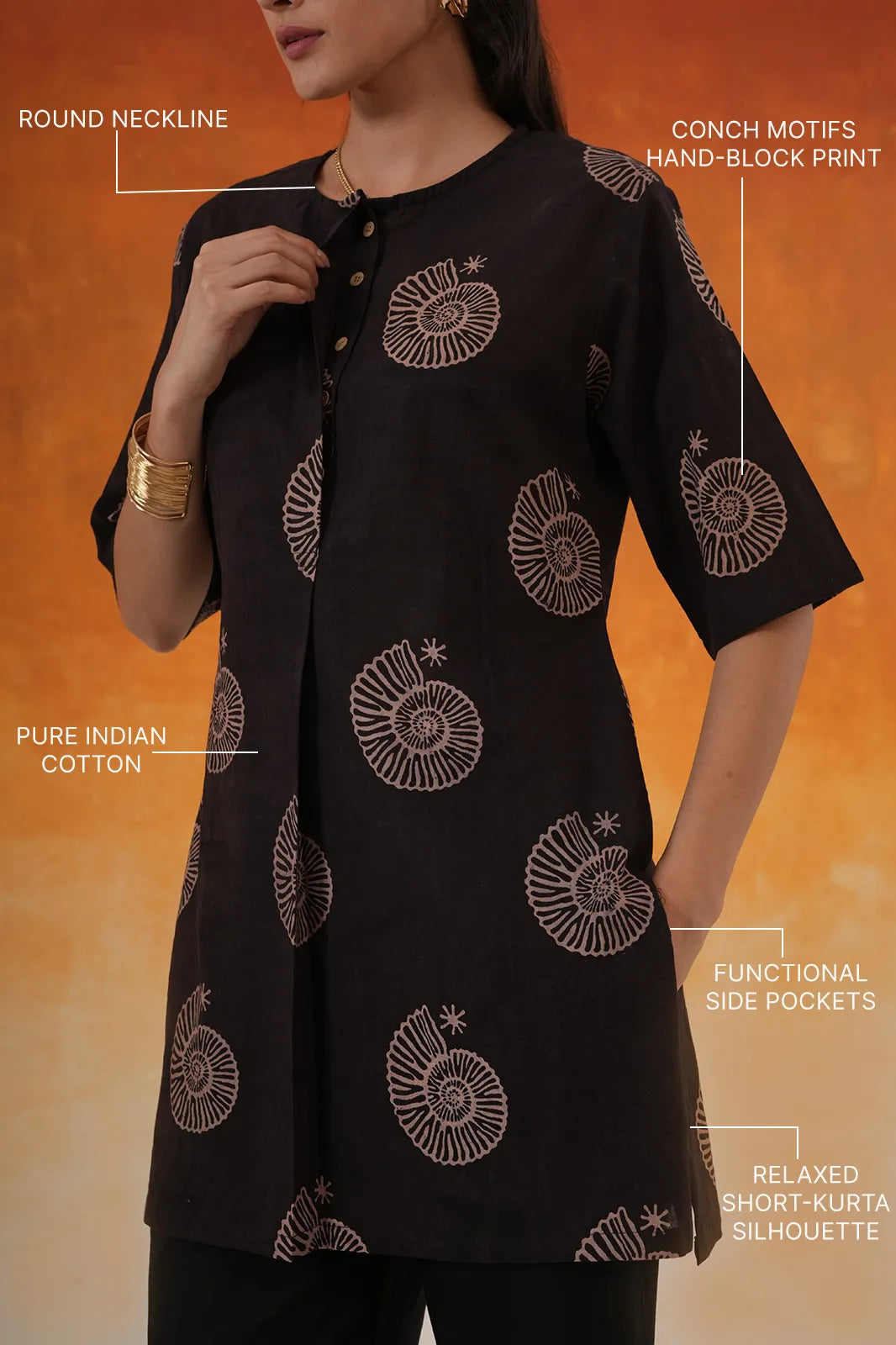 Conch black Ajrakh cotton co-ord set - world of toji