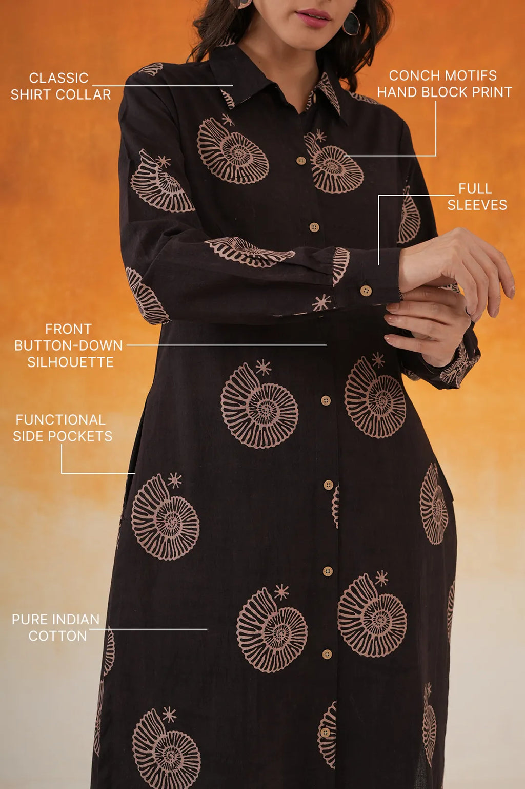 Conch Shirt Style Ajrakh Cotton Kurta - Black
