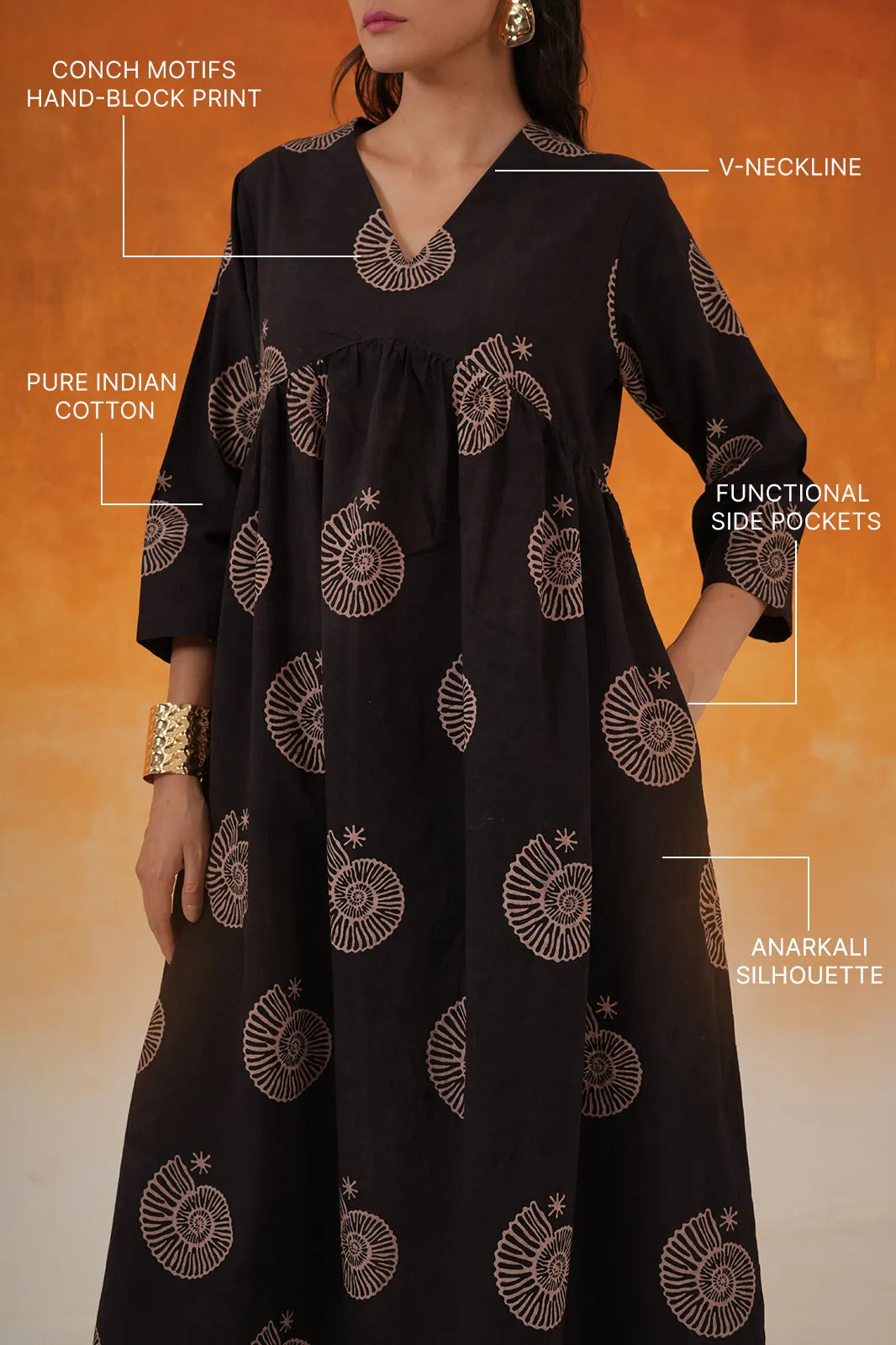 Conch Anarkali Ajrakh cotton kurta in black - World of Toji