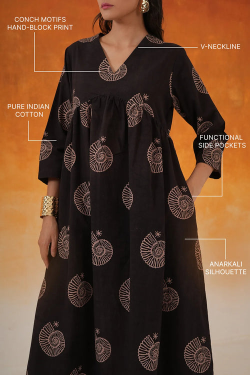 Conch Anarkali Ajrakh Cotton Kurta - Black