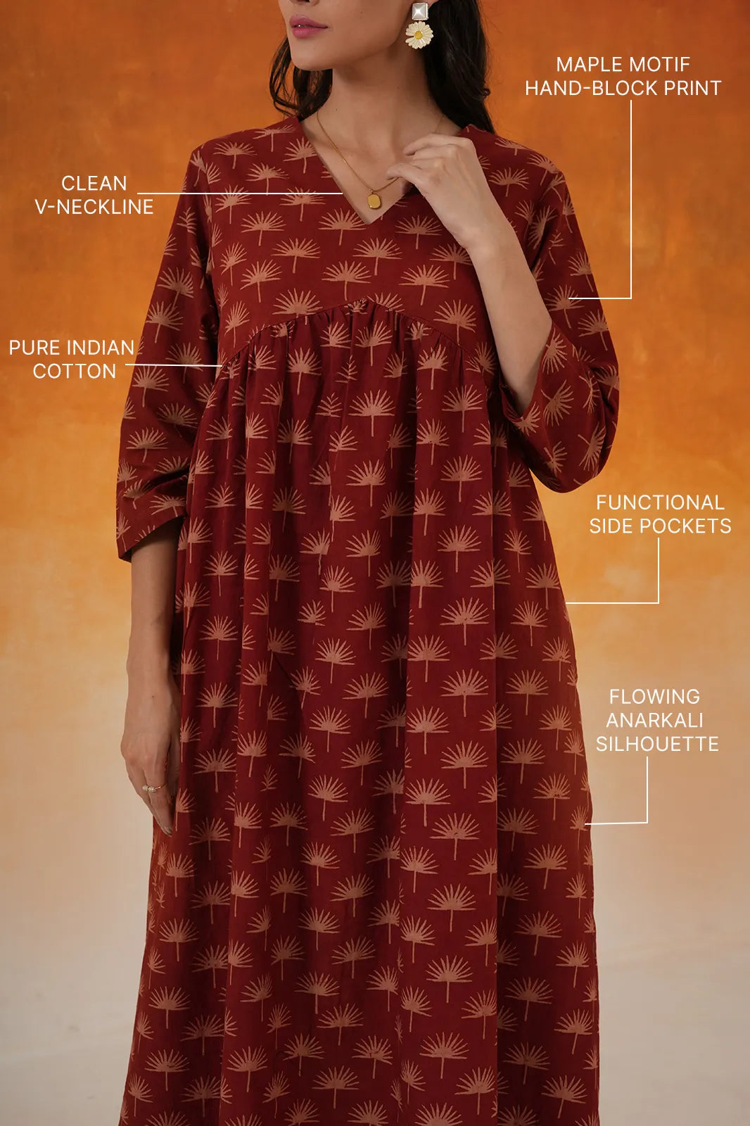Maple Anarkali Ajrakh Block Print Cotton Kurta Madder Red Toji