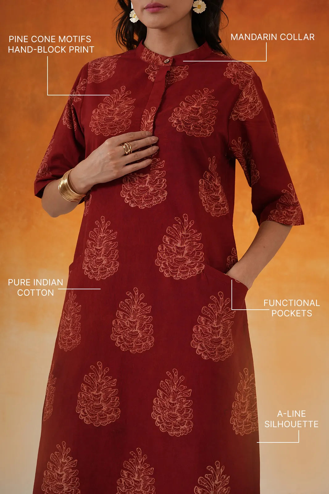 Pine A-line Ajrakh cotton kurta in madder red - World of Toji