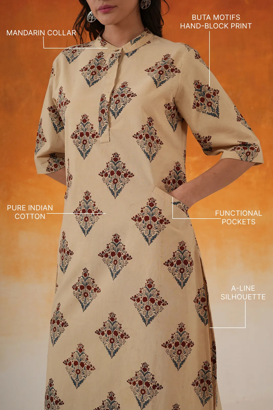 Buta A-line Ajrakh cotton kurta in ivory - World of Toji