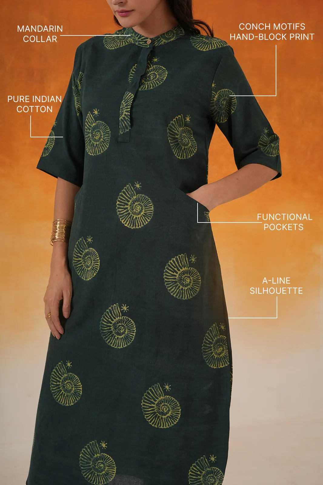 Conch A-line Ajrakh cotton kurta in bottle green - World of Toji