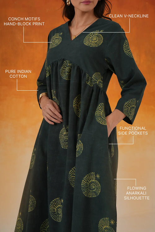 Bottle Green Conch Anarkali Ajrakh Block Print Cotton Kurta - World Toji