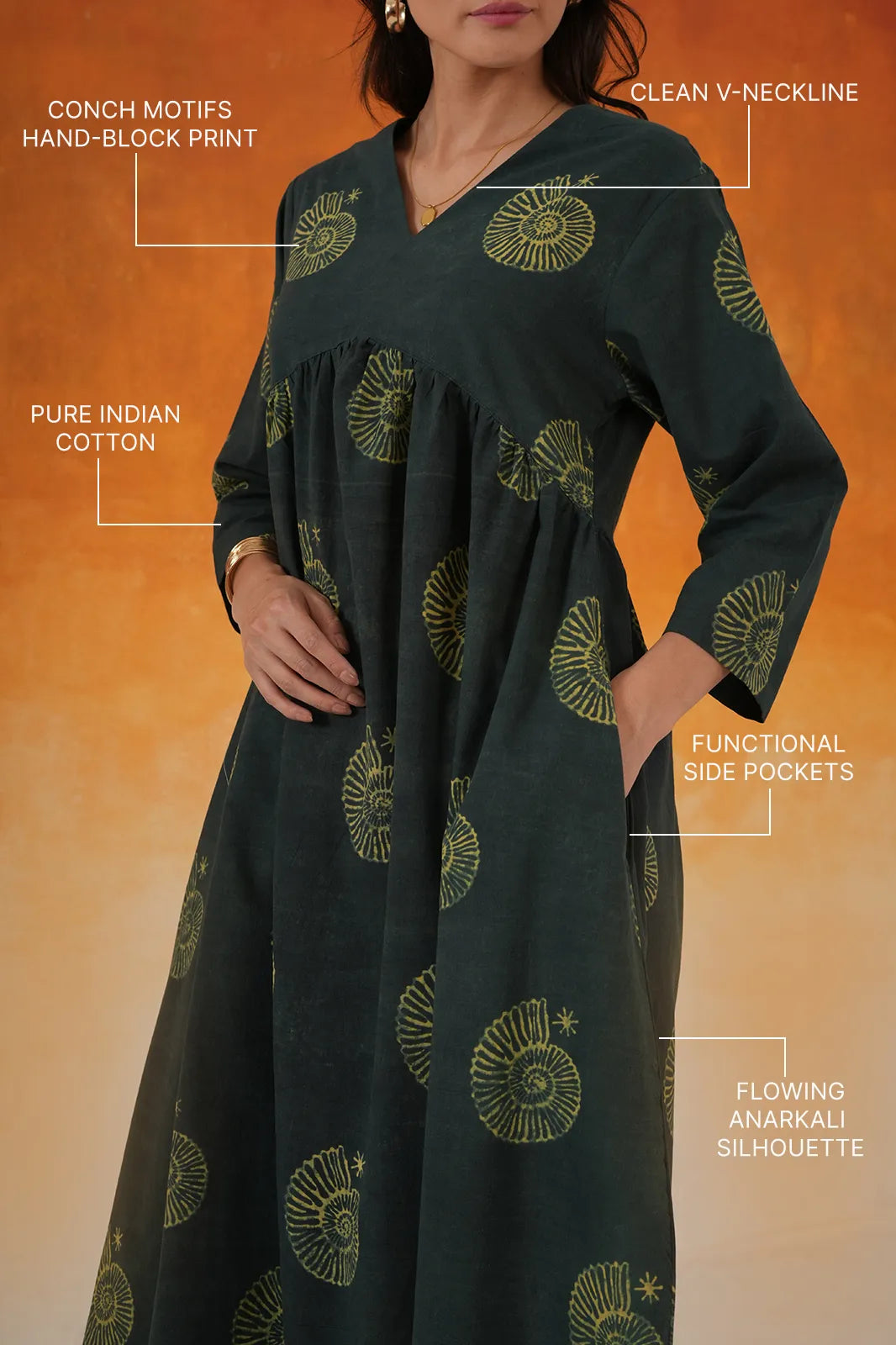 Conch Anarkali Ajrakh cotton kurta in bottle green - World of Toji