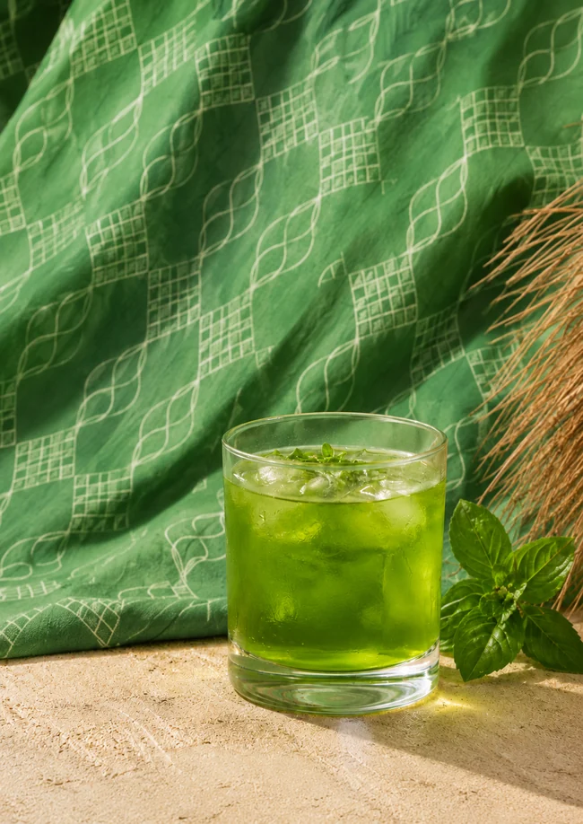 Khus Green shibori fabric and drink
