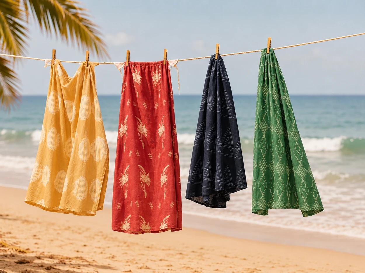 Sundrunk shibori fabrics drying by the beach